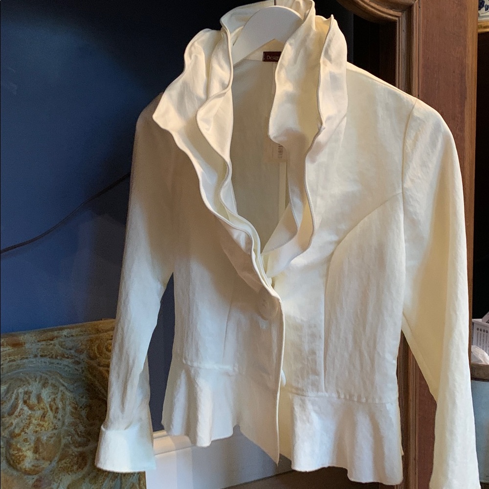NWT$198 Design Today's White Ecru Ivory Ruffle Wired Collar Button Blazer Jacket